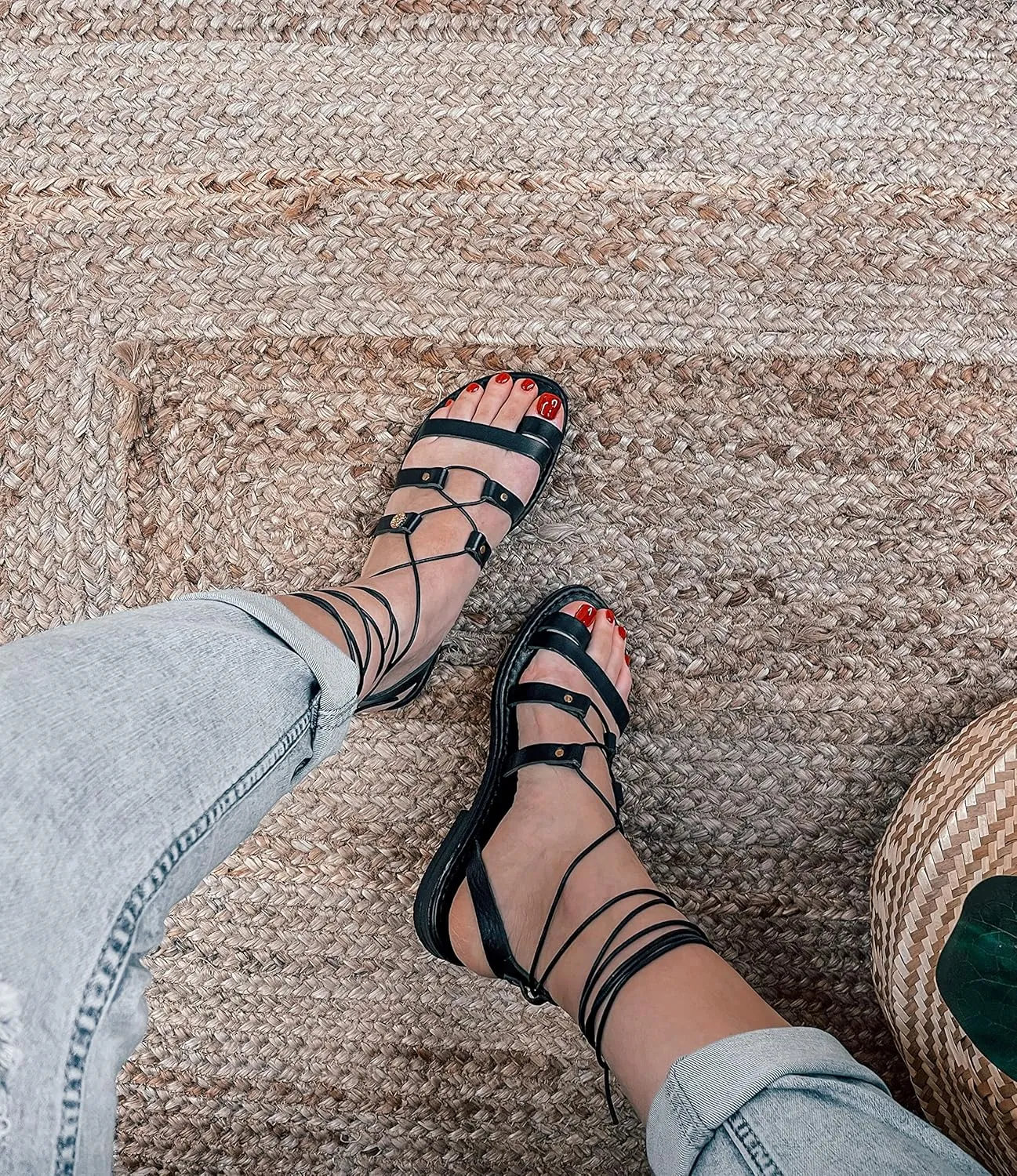 Women's Black Lace Up Leather Sandals, Flat Black Sandals for Women, Lace Up Women's Sandals Handmade, Leather Handmade Greek Sandals (10)