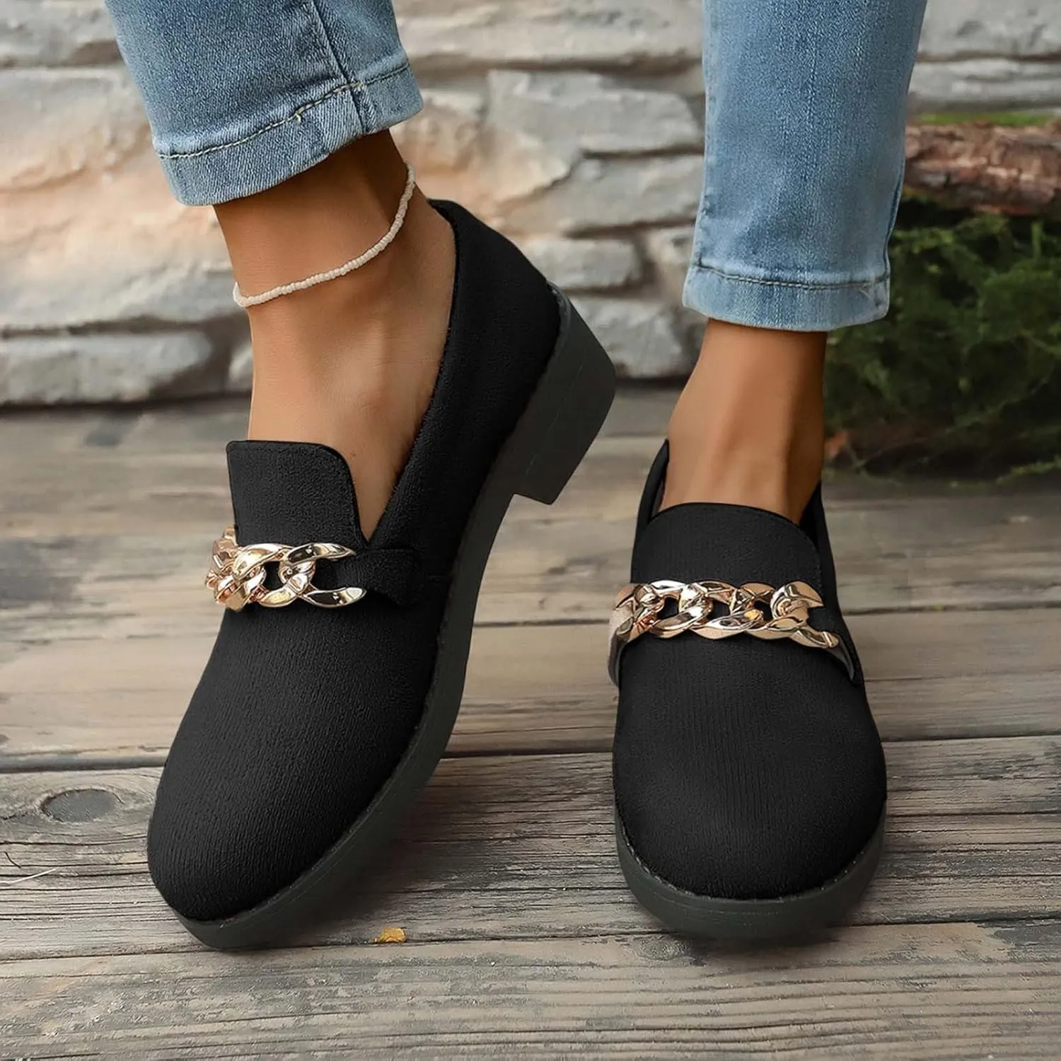 Women's Casual Slip On Loafers Comfortable Round Toe Mules with Metal Buckle Design for Daily Wear and Travel