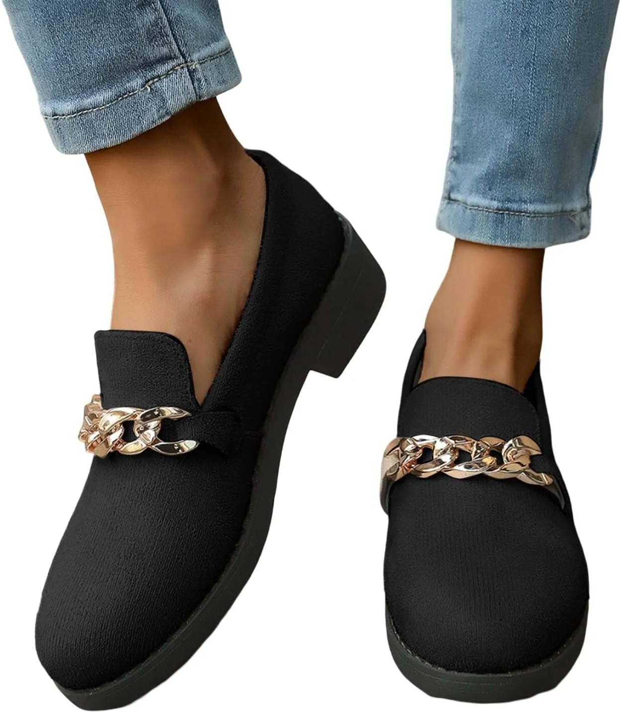 Women's Casual Slip On Loafers Comfortable Round Toe Mules with Metal Buckle Design for Daily Wear and Travel