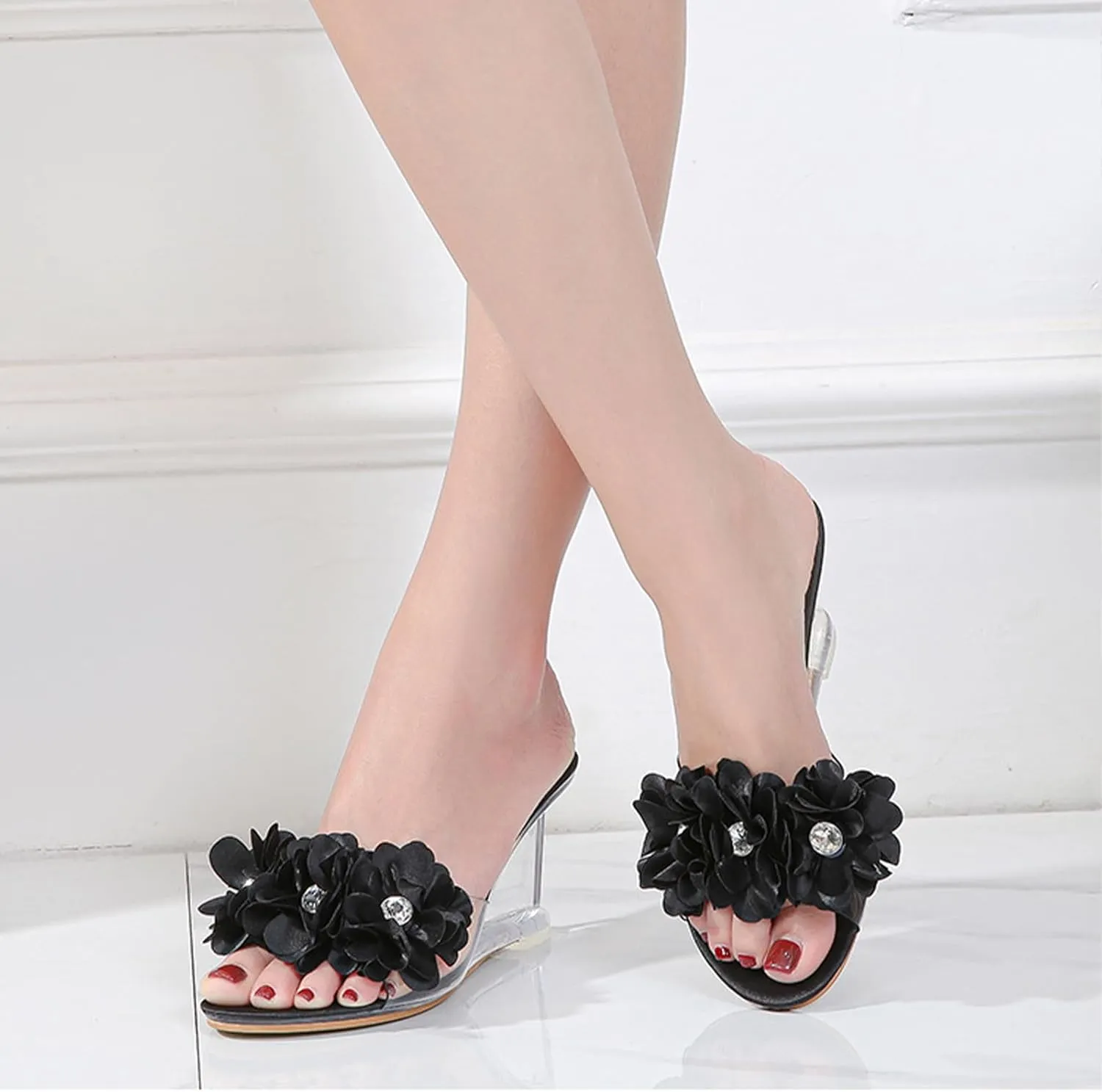 Women's Fashion Crystal Clear Wedge Sandals Round Toe Sexy Open Toe Slip-On 3D Flower Lightweight Dress Slides Sandal