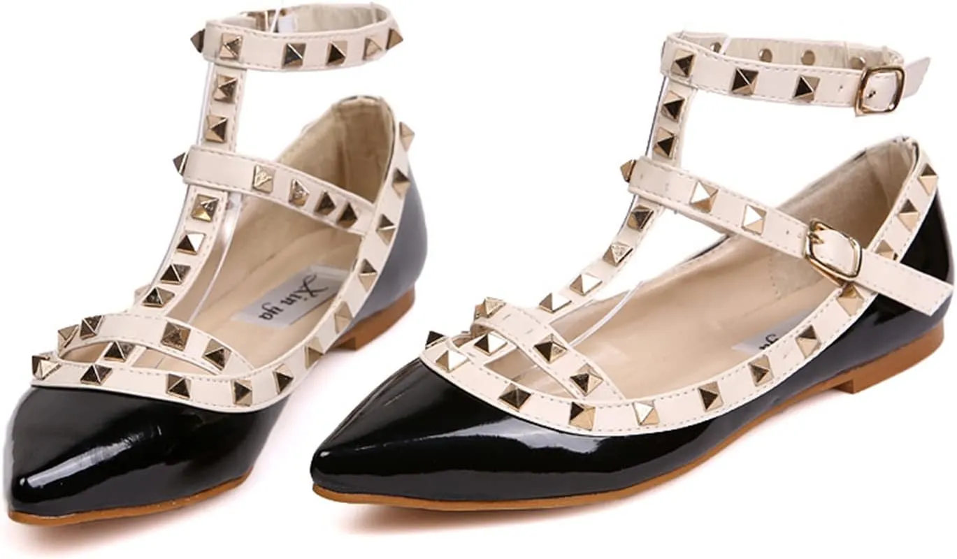 Womens Fashion Stud Flat Shoes Pointed Closed Toe Low Heels Color Block Studded T-Strap Casual Shoes Ankle Strap Buckle Classic Work Flats Office Shoes