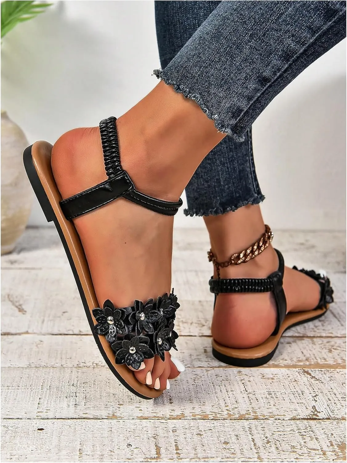 Women's Flat Sandals, Leather Flower Bohemian Sandals