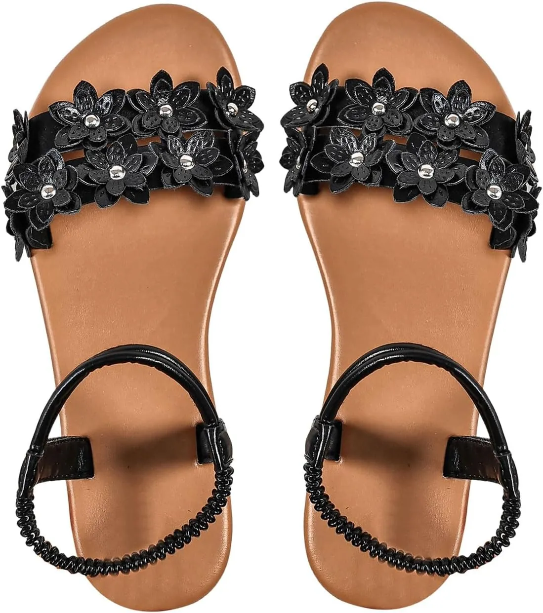 Women's Flat Sandals, Leather Flower Bohemian Sandals