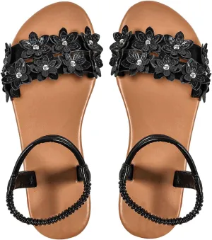 Women's Flat Sandals, Leather Flower Bohemian Sandals