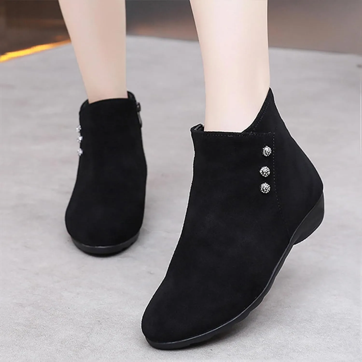 Women'S Genuine Leather Flat Ankle Boots classic Round Toe Side Zipper Non-Slip Soft Bottom Booties For Office Work Dress Boots