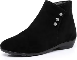 Women'S Genuine Leather Flat Ankle Boots classic Round Toe Side Zipper Non-Slip Soft Bottom Booties For Office Work Dress Boots