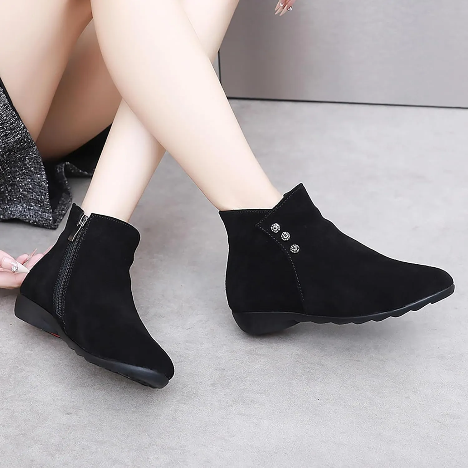 Women'S Genuine Leather Flat Ankle Boots classic Round Toe Side Zipper Non-Slip Soft Bottom Booties For Office Work Dress Boots