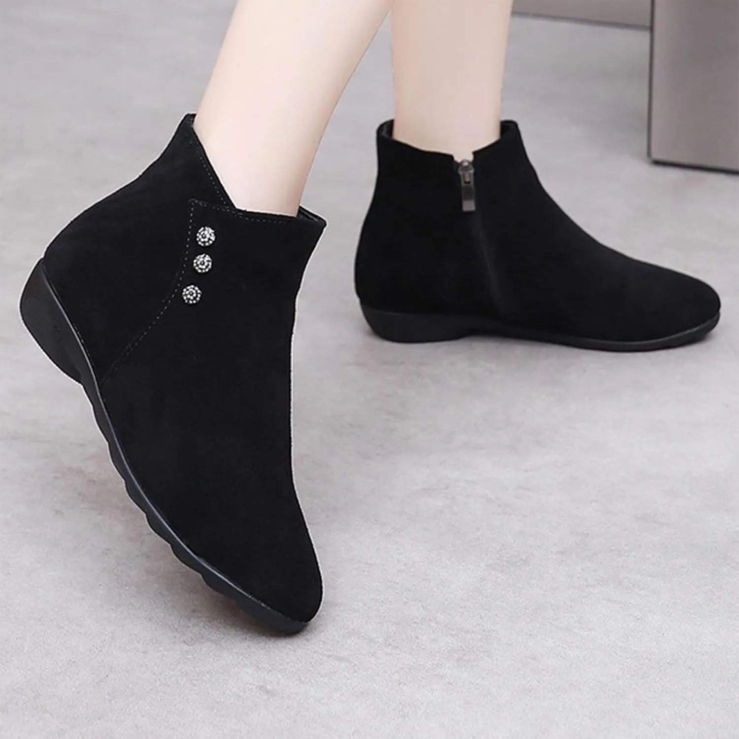 Women'S Genuine Leather Flat Ankle Boots classic Round Toe Side Zipper Non-Slip Soft Bottom Booties For Office Work Dress Boots