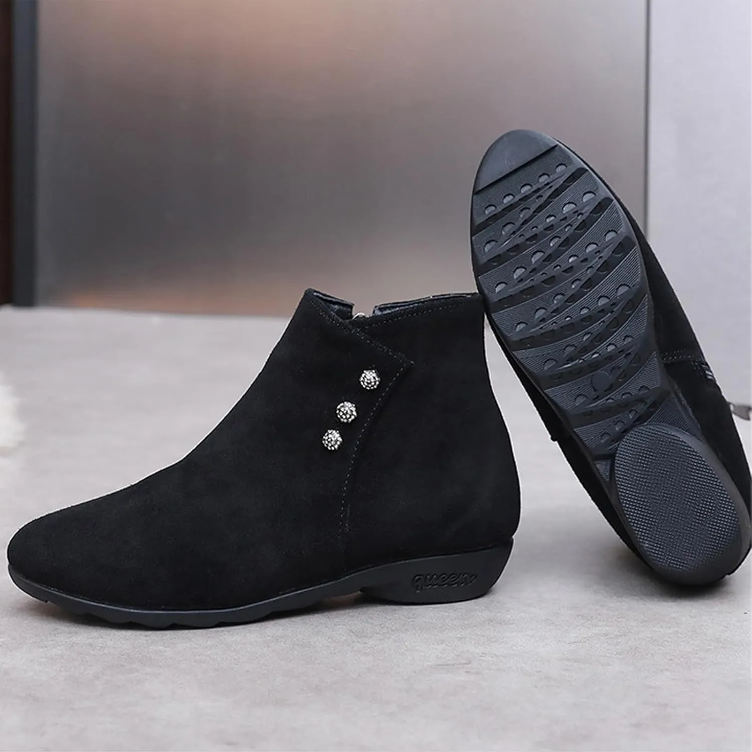 Women'S Genuine Leather Flat Ankle Boots classic Round Toe Side Zipper Non-Slip Soft Bottom Booties For Office Work Dress Boots