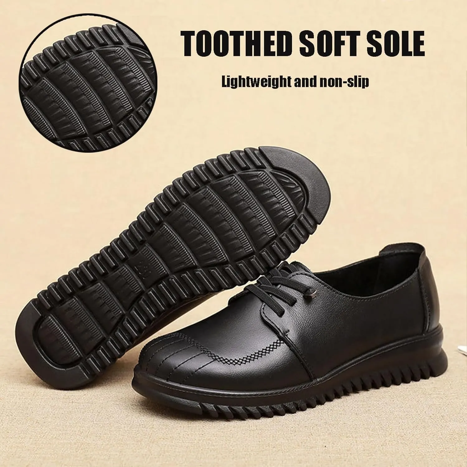 Women's Genuine Leather Lace-Up Flat Oxfords Comfortable Round Toe Soft Sole Driving Business Dress Shoes Breathable Non Slip Nurse Walking Casual Shoes