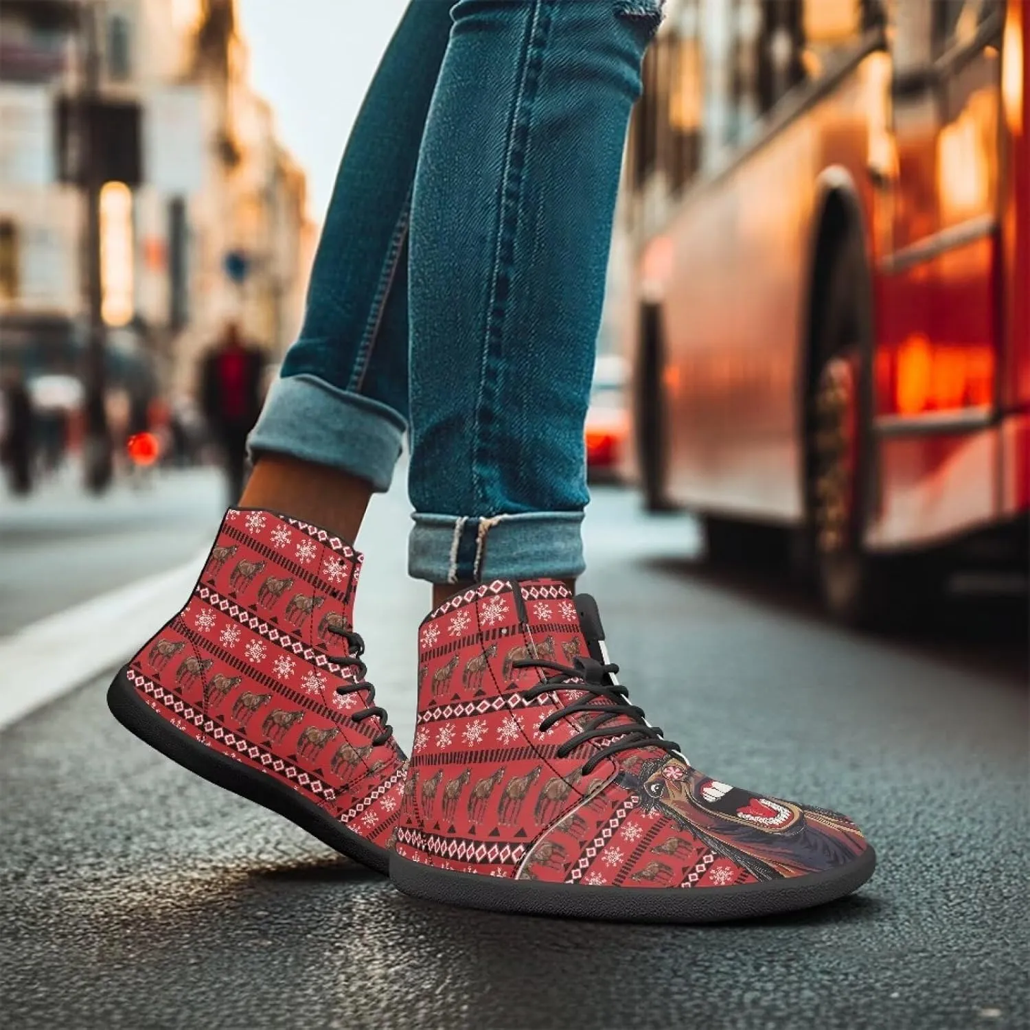 Women's High Top Sneakers Lace Up PU Leather Shoes with Flat Soles and Bandage, Fashionable Walking Shoes