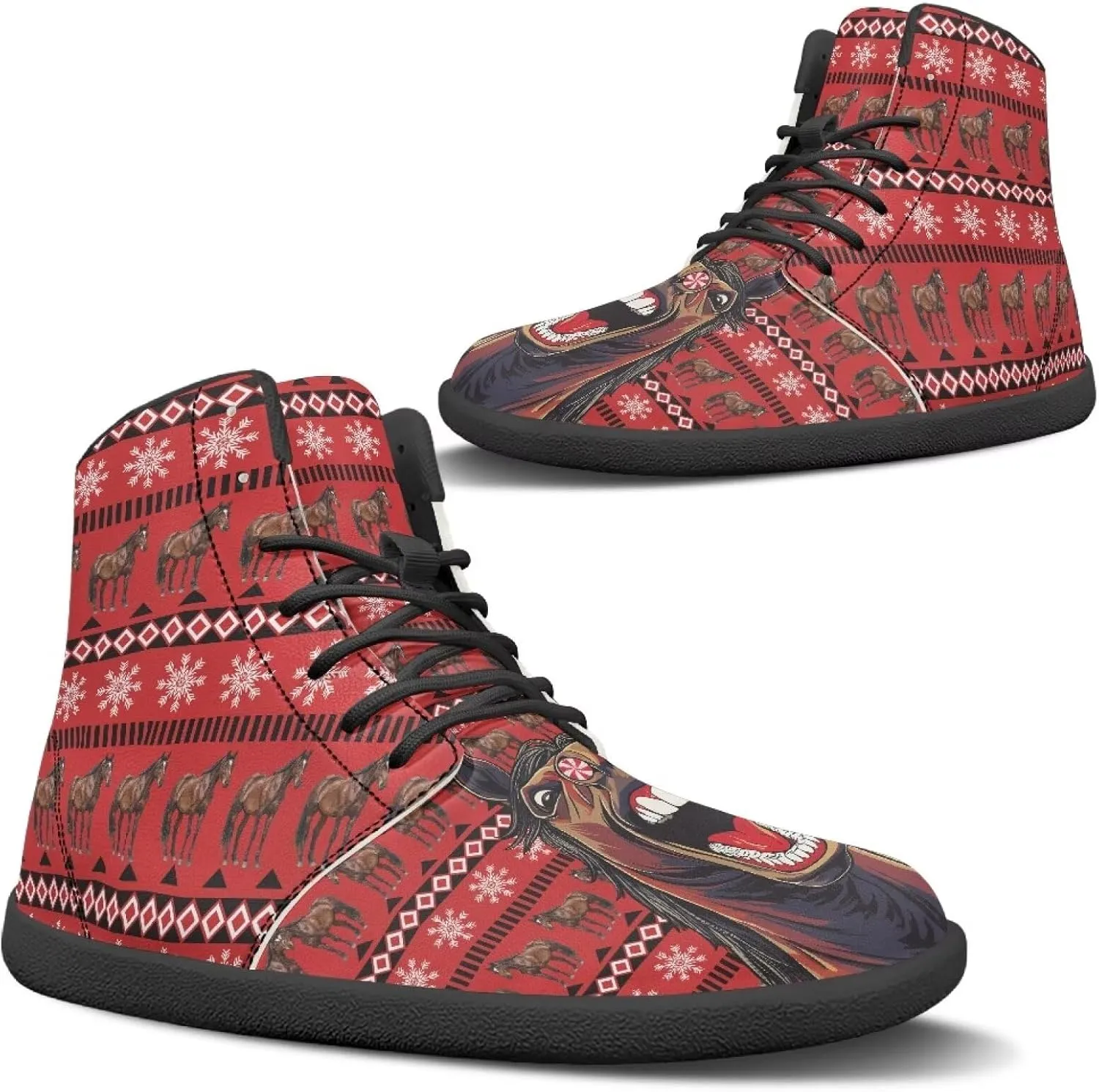 Women's High Top Sneakers Lace Up PU Leather Shoes with Flat Soles and Bandage, Fashionable Walking Shoes