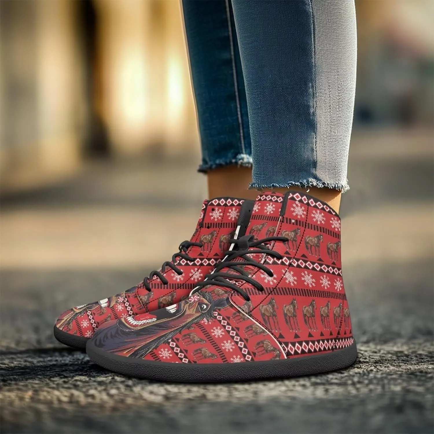 Women's High Top Sneakers Lace Up PU Leather Shoes with Flat Soles and Bandage, Fashionable Walking Shoes