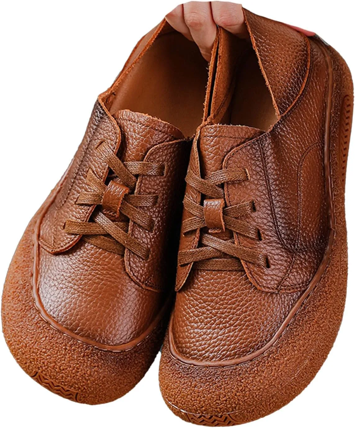 Women's Leather Arch Support Dress Sneakers,Vintage Comfort Round Toe Lace-up Non-Slip Soft Sole Flat Casual Shoes