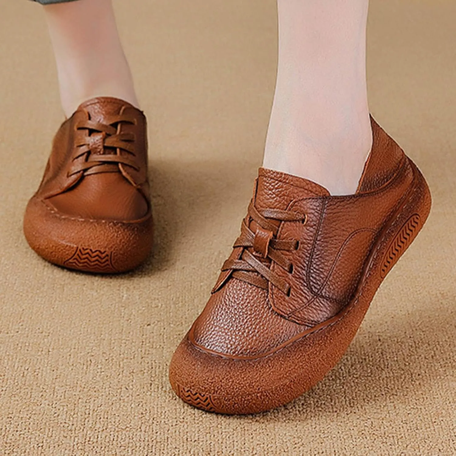 Women's Leather Arch Support Dress Sneakers,Vintage Comfort Round Toe Lace-up Non-Slip Soft Sole Flat Casual Shoes