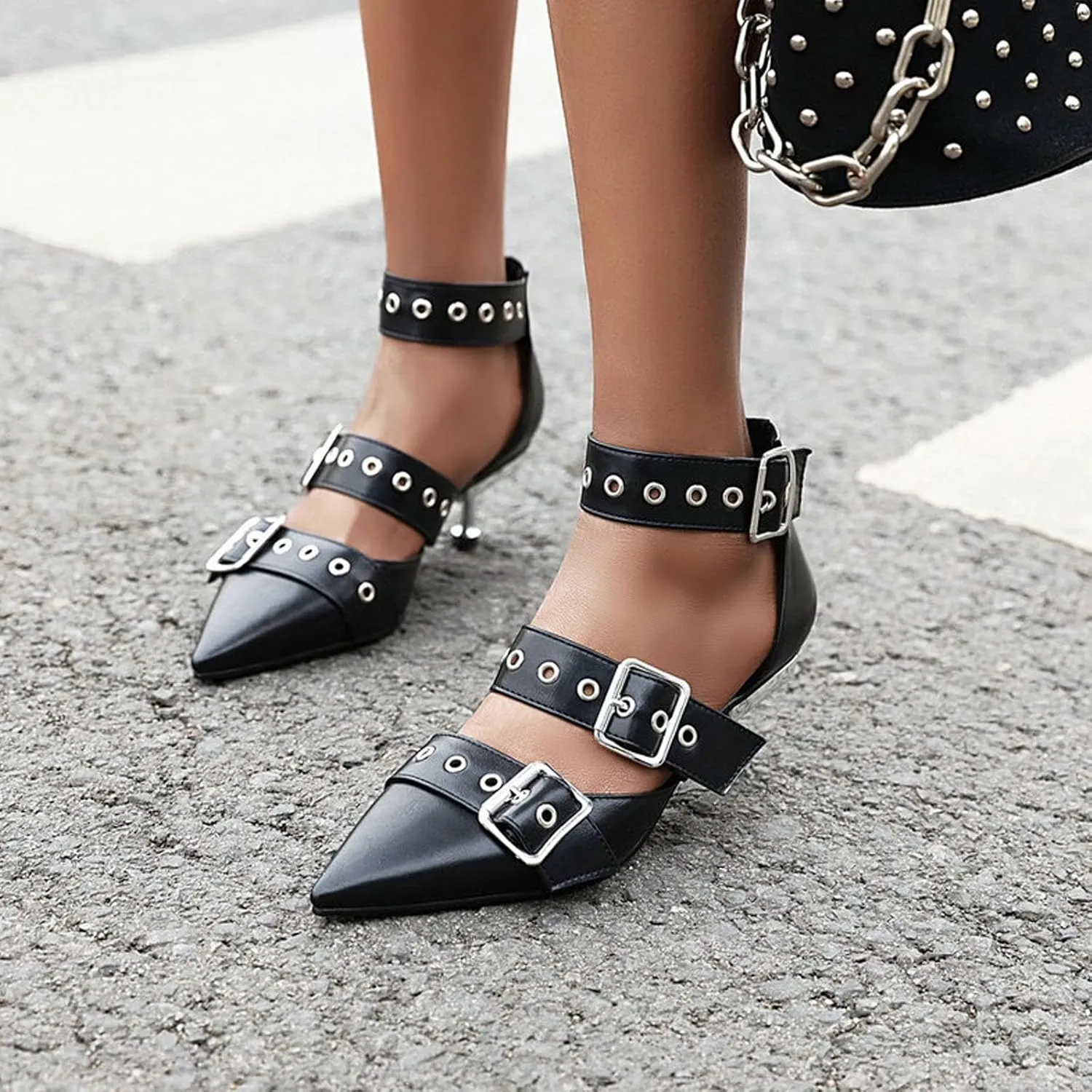 Women's Leather Metal Strap Closed Pointed Toe Kitten Heel Pumps Adjustable Ankle Buckle Low Stiletto Sandals Fashion Comfortable Party Evening Dress Sandals