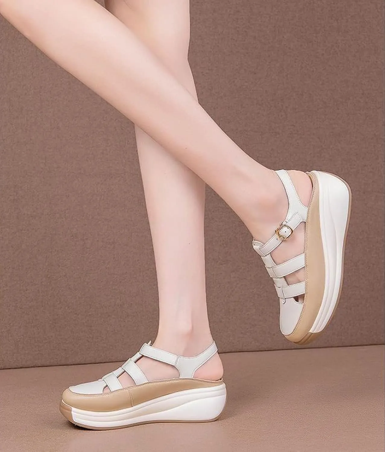 Women's Leather Roman Sandals,Adjustable Ankle Strap Soft Sole Damping Increase Height Wedge Baotou Casual Sandals
