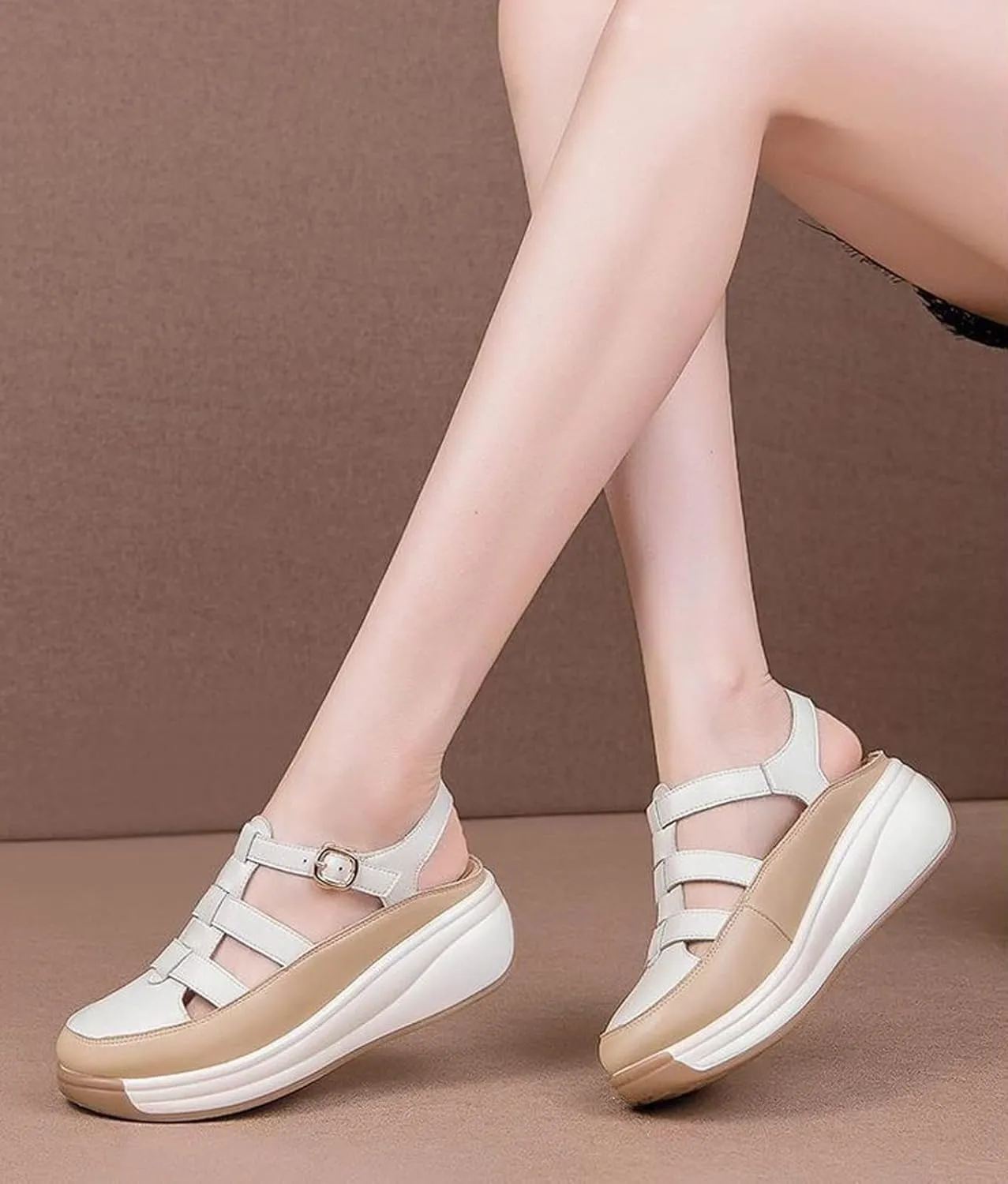 Women's Leather Roman Sandals,Adjustable Ankle Strap Soft Sole Damping Increase Height Wedge Baotou Casual Sandals