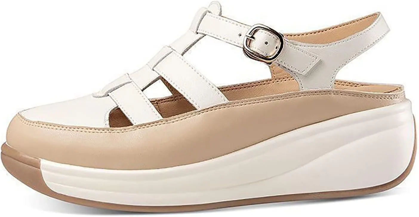 Women's Leather Roman Sandals,Adjustable Ankle Strap Soft Sole Damping Increase Height Wedge Baotou Casual Sandals