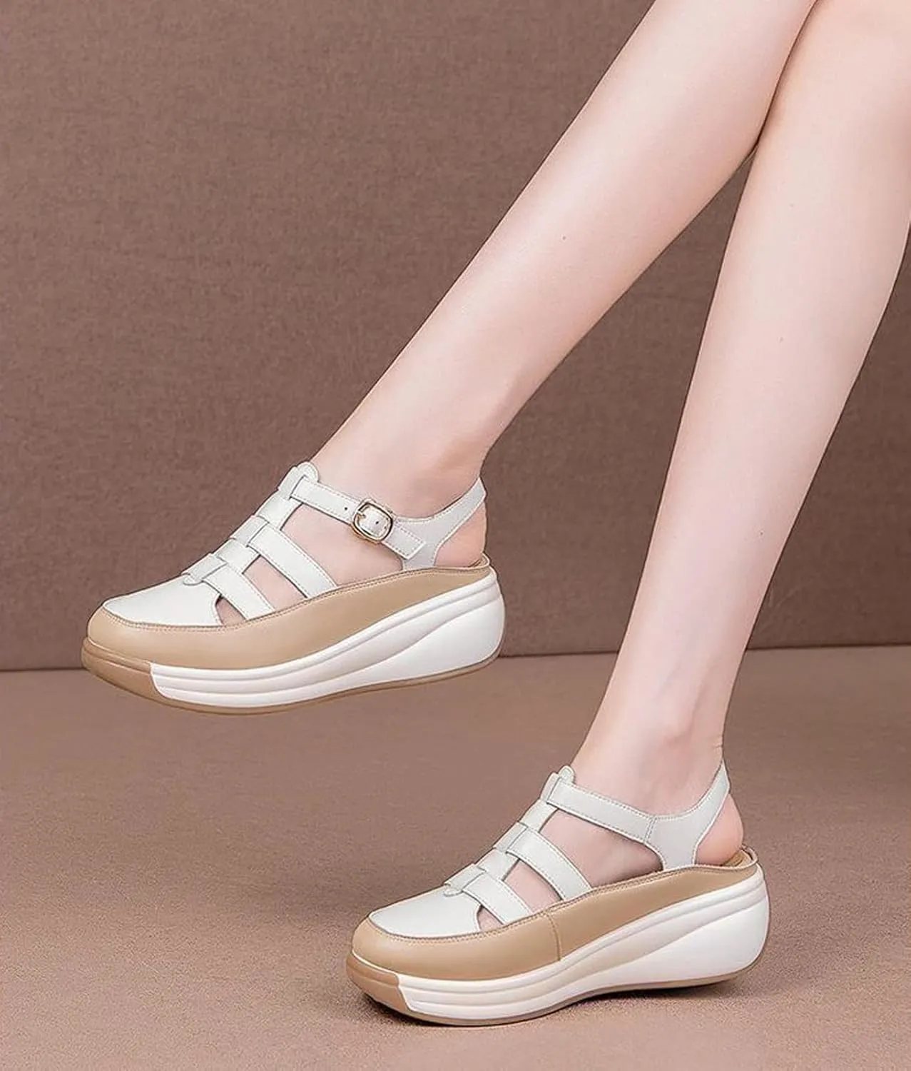 Women's Leather Roman Sandals,Adjustable Ankle Strap Soft Sole Damping Increase Height Wedge Baotou Casual Sandals