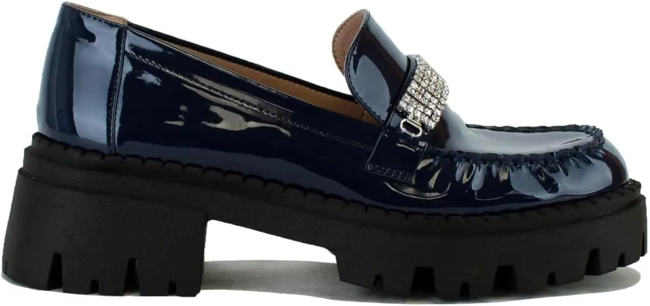 Women's Loafer with Rhinestone Chunky Penny Loafer Lug Sole Platform Loafer Round Toe Slip On Loafers
