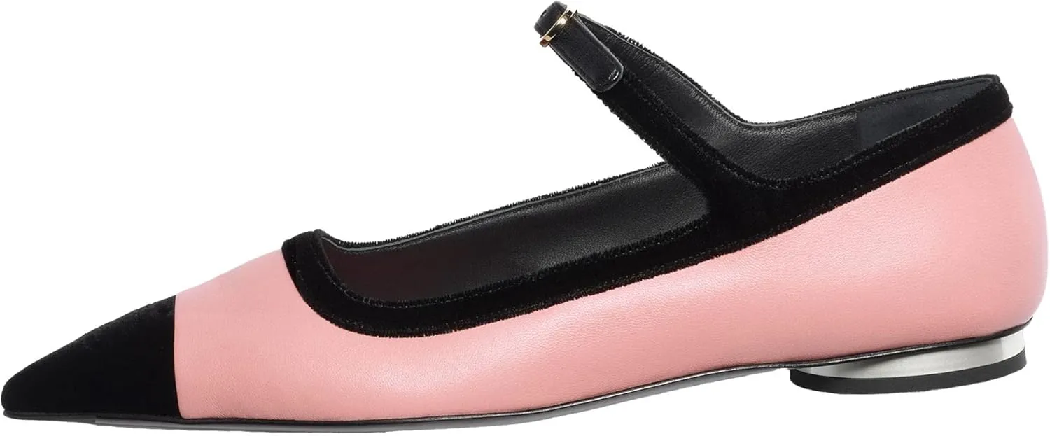 Women’s Mary Jane Flats Shoes Two Tone Splicing Suede Pointed Toe Pumps Buckle Ballet Flat