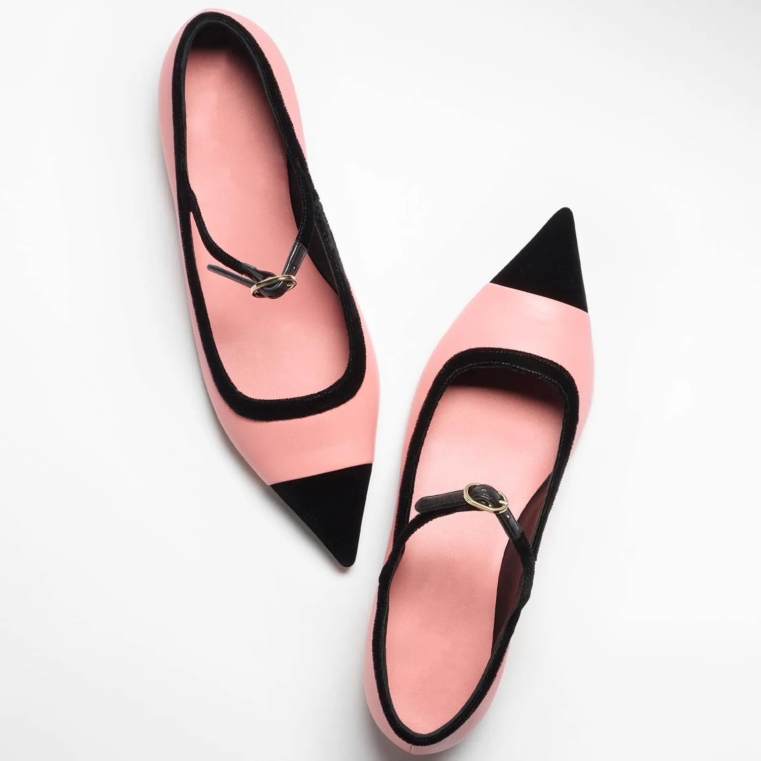 Women’s Mary Jane Flats Shoes Two Tone Splicing Suede Pointed Toe Pumps Buckle Ballet Flat