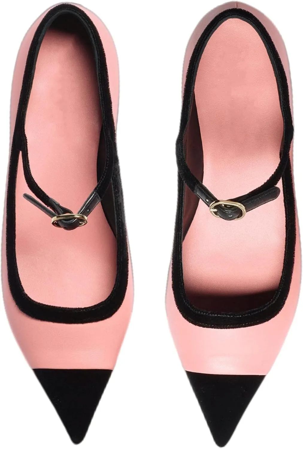 Women’s Mary Jane Flats Shoes Two Tone Splicing Suede Pointed Toe Pumps Buckle Ballet Flat
