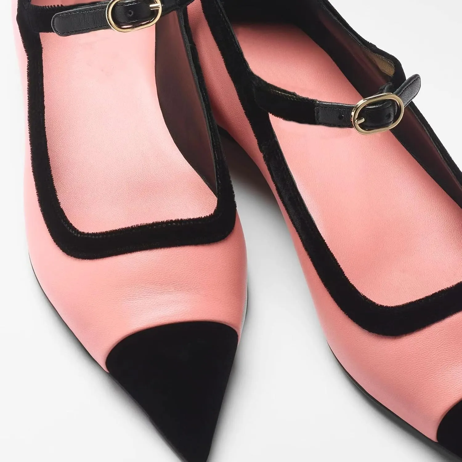 Women’s Mary Jane Flats Shoes Two Tone Splicing Suede Pointed Toe Pumps Buckle Ballet Flat