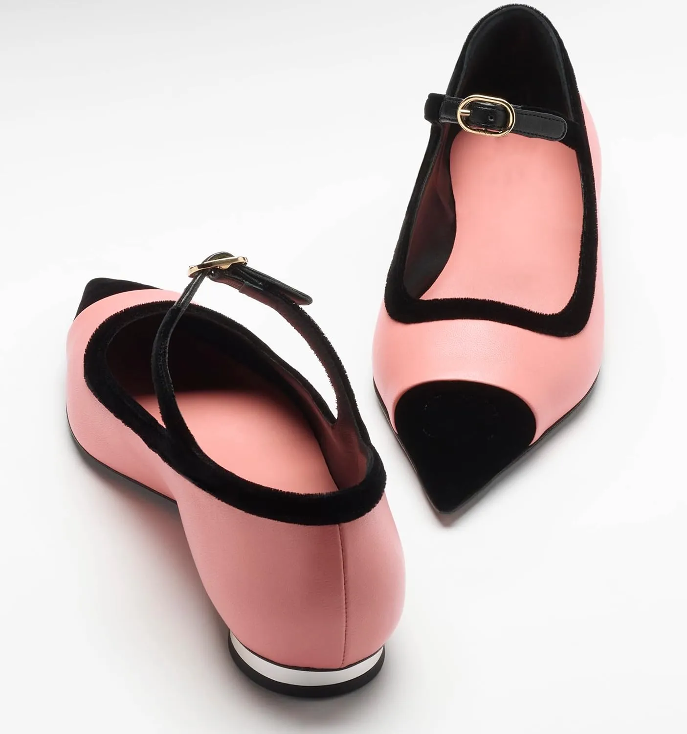 Women’s Mary Jane Flats Shoes Two Tone Splicing Suede Pointed Toe Pumps Buckle Ballet Flat