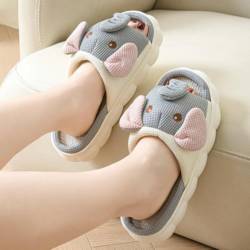 Women's Open Toe Cute Cartoon Elephant Animal Linen Slippers Sandal Comfy House Slide Anti-slip Home Shoes For Indoor & Outdoor