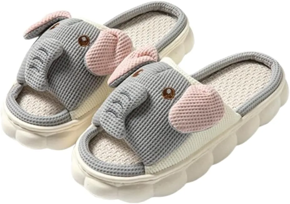 Women's Open Toe Cute Cartoon Elephant Animal Linen Slippers Sandal Comfy House Slide Anti-slip Home Shoes For Indoor & Outdoor