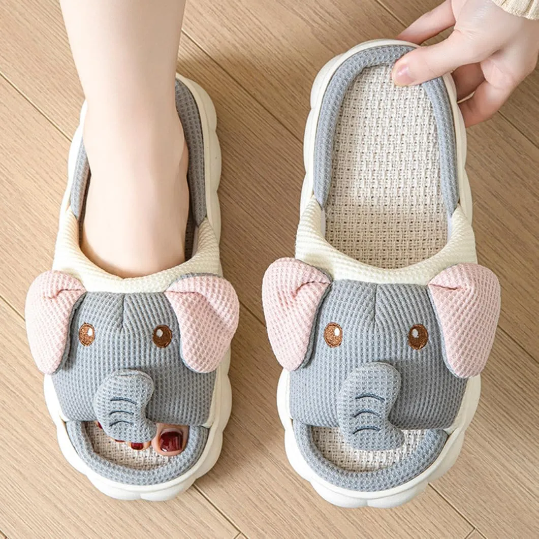 Women's Open Toe Cute Cartoon Elephant Animal Linen Slippers Sandal Comfy House Slide Anti-slip Home Shoes For Indoor & Outdoor