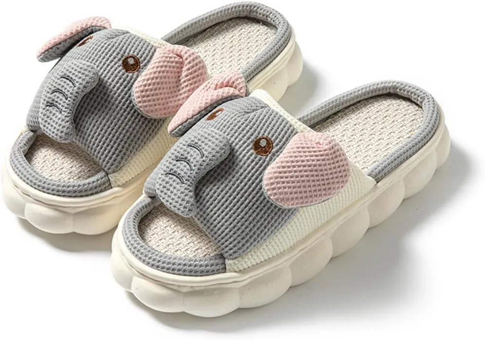 Women's Open Toe Cute Cartoon Elephant Animal Linen Slippers Sandal Comfy House Slide Anti-slip Home Shoes For Indoor & Outdoor