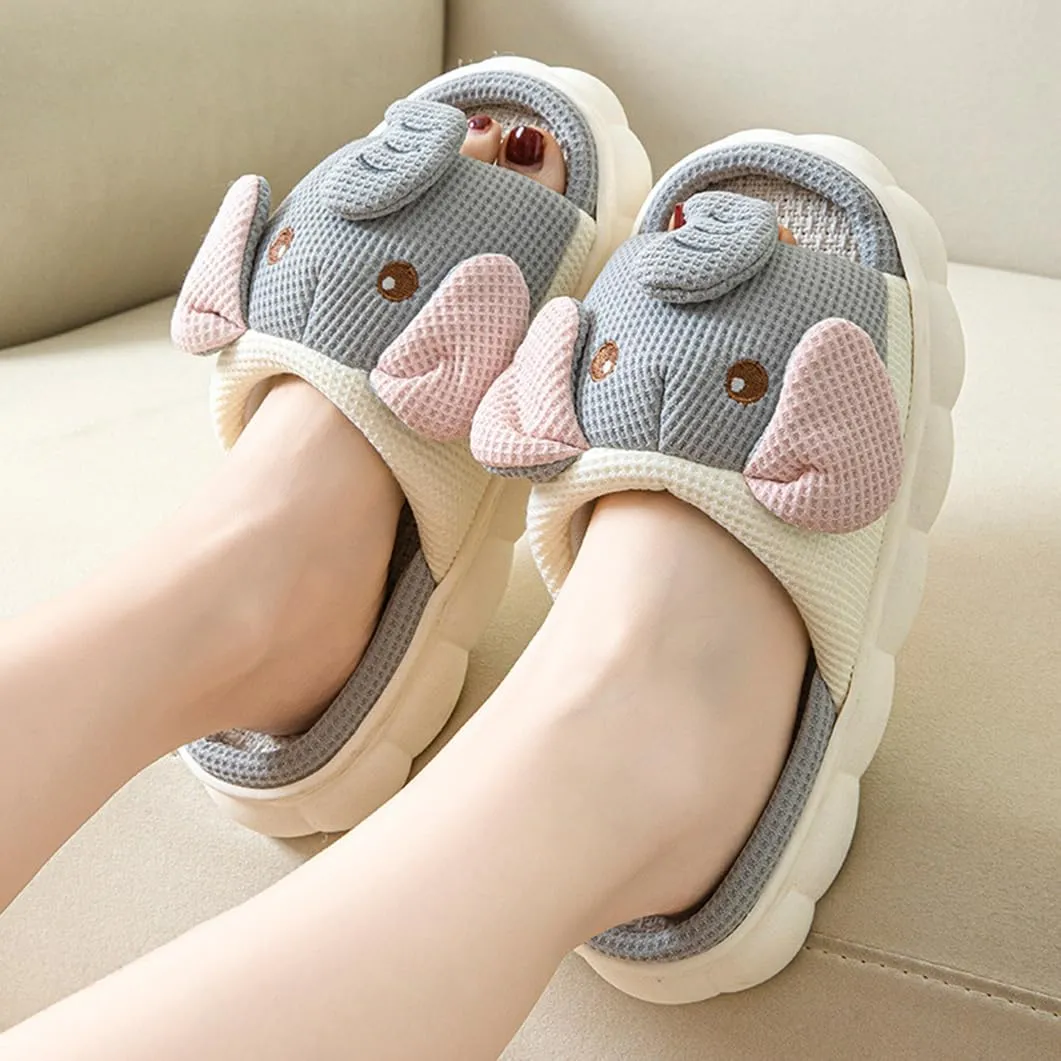 Women's Open Toe Cute Cartoon Elephant Animal Linen Slippers Sandal Comfy House Slide Anti-slip Home Shoes For Indoor & Outdoor