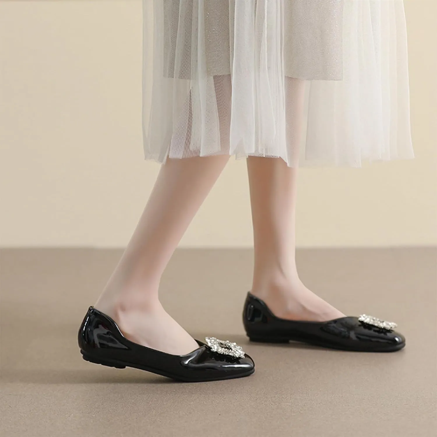 Women'S Patent Leather Square Rhinestone Dress Flat Shoes Fashionable Closed Square Toe Soft Bottom Non-Slip One-Step Dress Shoes Business Wedding Dress Mother Shoes