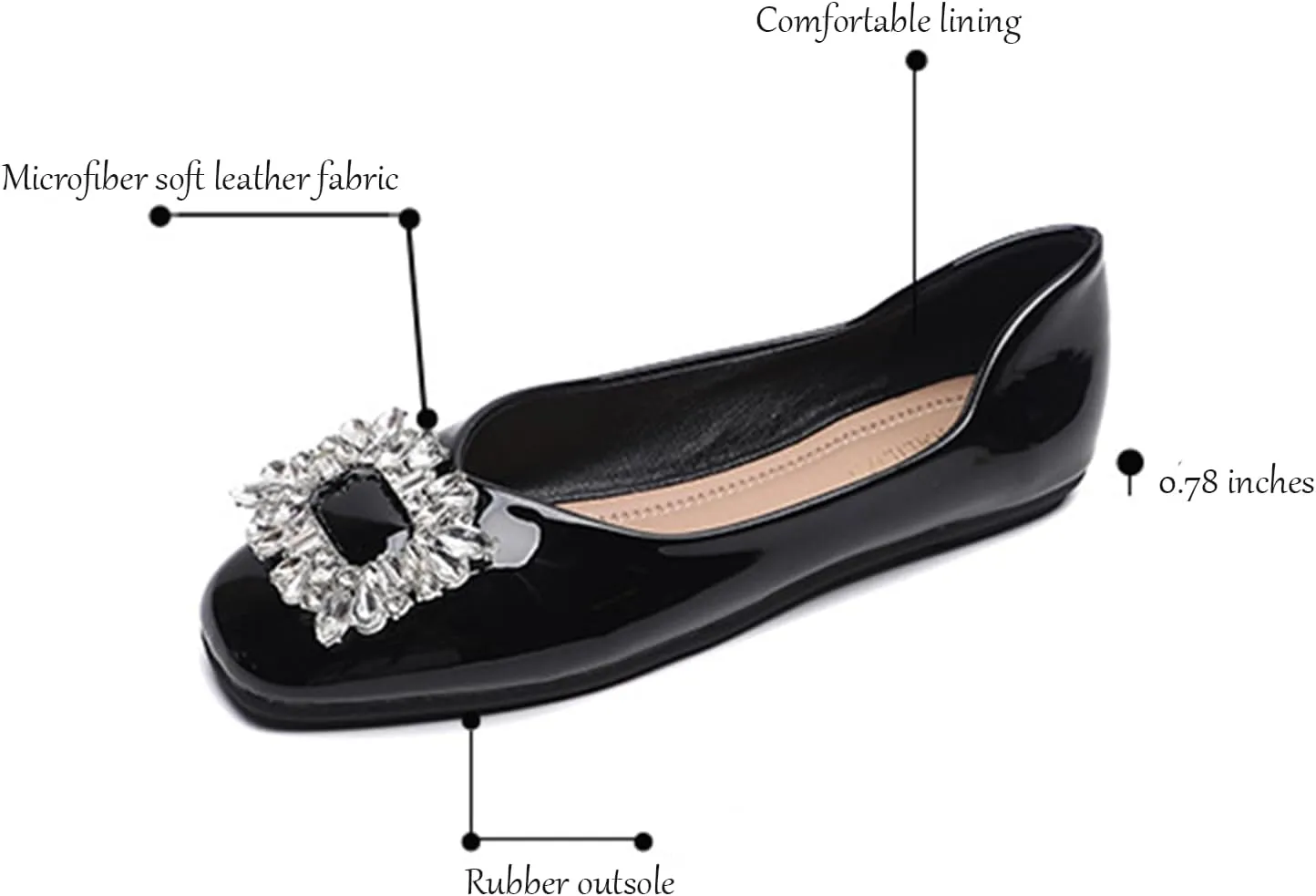 Women'S Patent Leather Square Rhinestone Dress Flat Shoes Fashionable Closed Square Toe Soft Bottom Non-Slip One-Step Dress Shoes Business Wedding Dress Mother Shoes