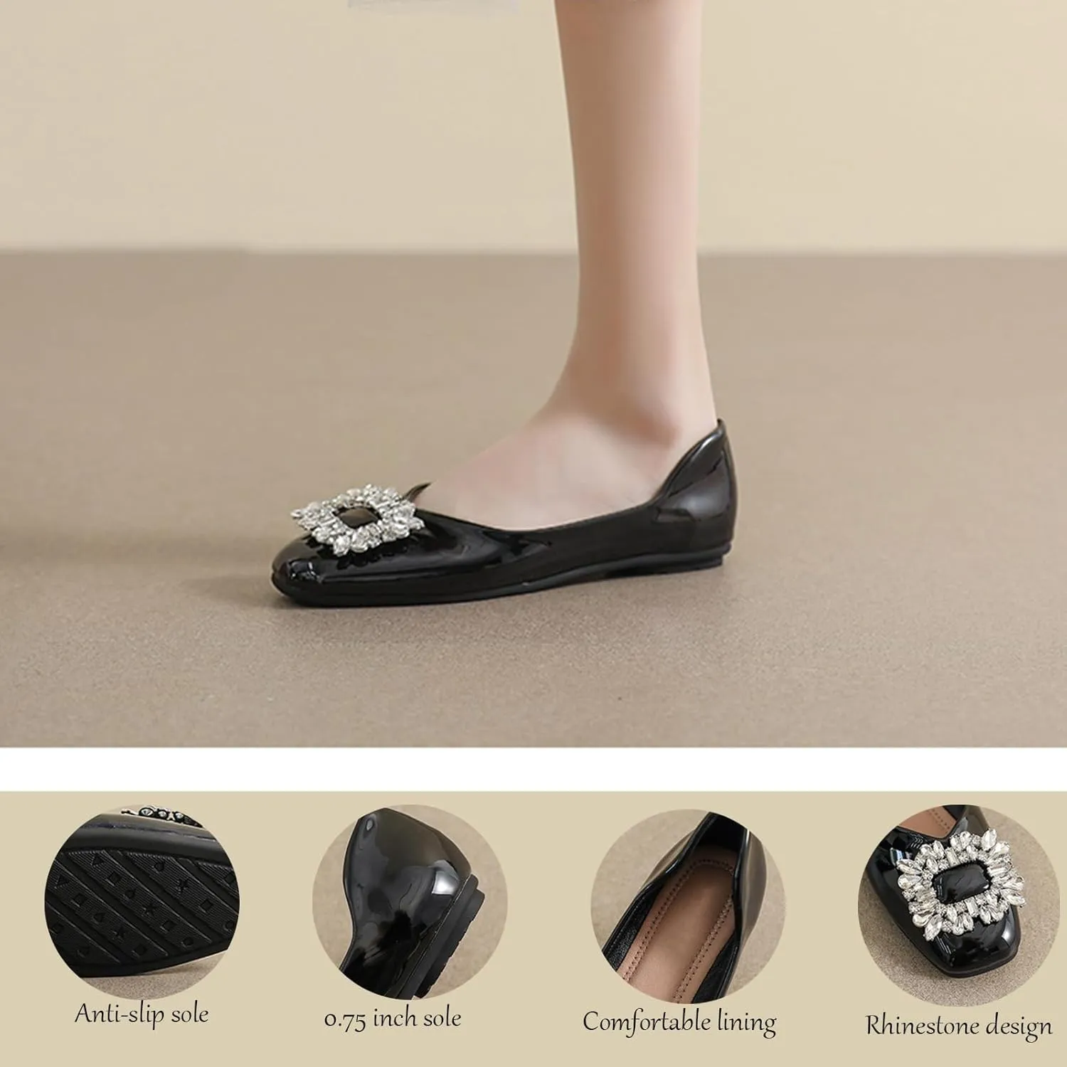 Women'S Patent Leather Square Rhinestone Dress Flat Shoes Fashionable Closed Square Toe Soft Bottom Non-Slip One-Step Dress Shoes Business Wedding Dress Mother Shoes