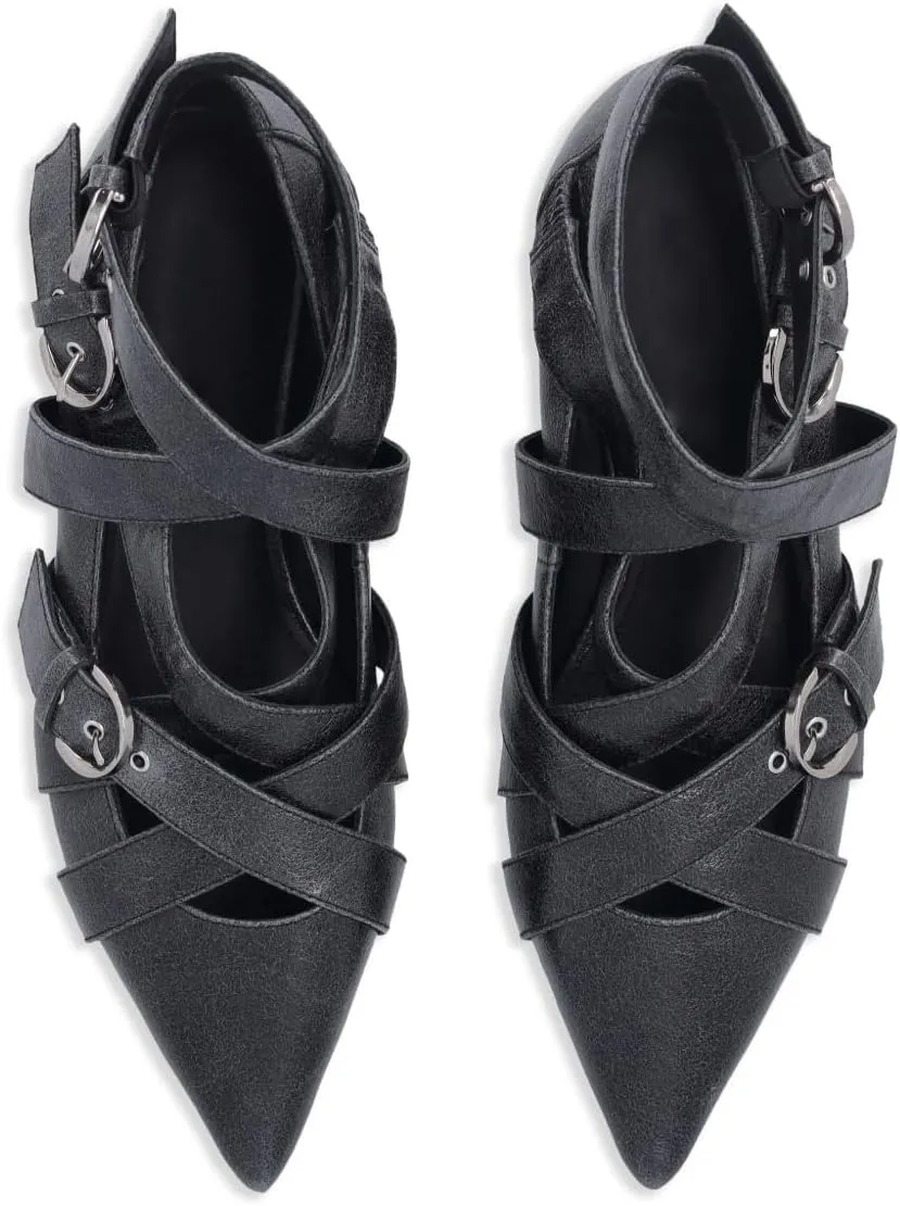 Women's Punk Ballet Flats Pointed Toe Ankle Strap Ballerina Shoes Buckle Crossed Strappy Comfortable Flat Shoes for Party Office Prom