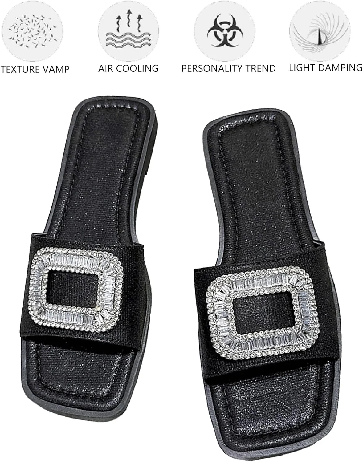 Women's Rhinestone Sequins Flat Slides Sandals Fashion Non-Slip Square Toe Slip On Summer Walking Slippers for Outdoor Beach Work Wedding Party