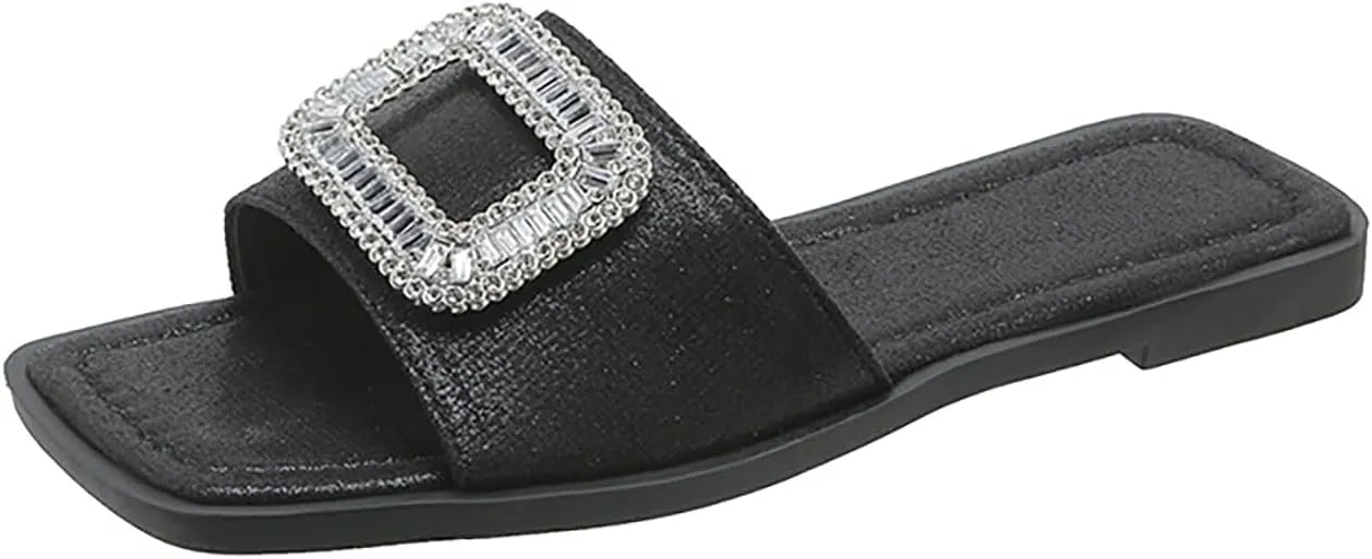 Women's Rhinestone Sequins Flat Slides Sandals Fashion Non-Slip Square Toe Slip On Summer Walking Slippers for Outdoor Beach Work Wedding Party