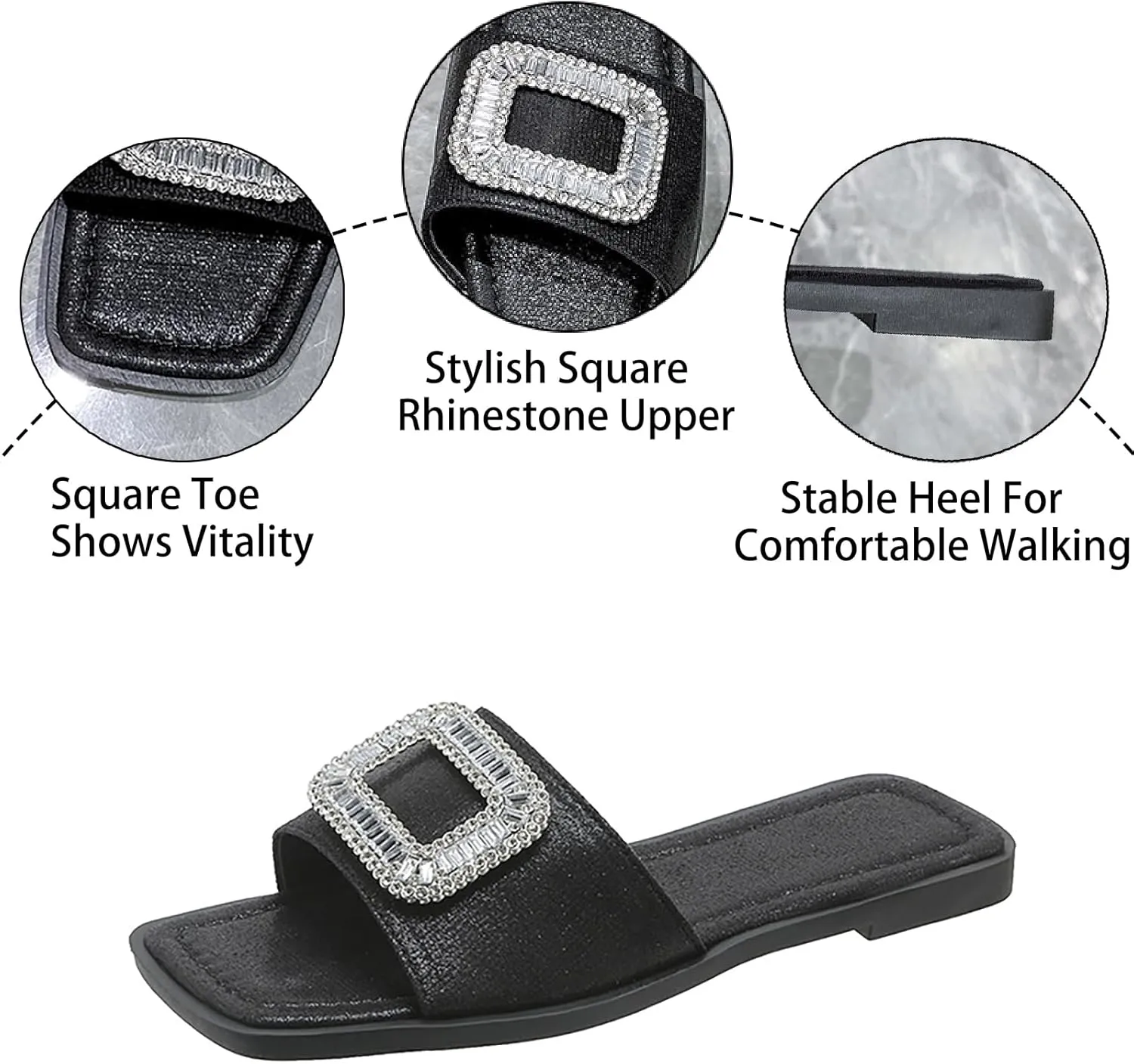 Women's Rhinestone Sequins Flat Slides Sandals Fashion Non-Slip Square Toe Slip On Summer Walking Slippers for Outdoor Beach Work Wedding Party