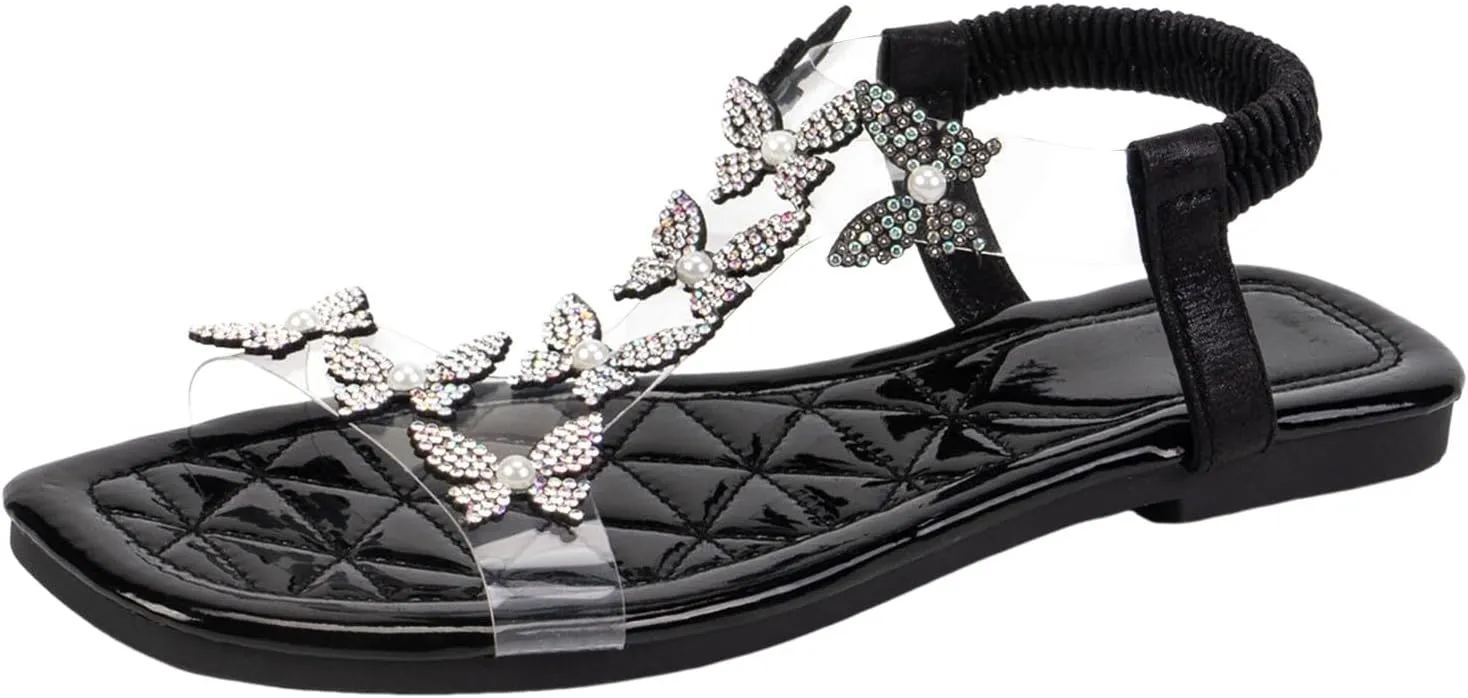 Women's Sandals Flats Shoes Square Toe Butterfly Rhinestones Sparkly Sandals with Clear Strap Comfy Open Toe Dressy Sandal Ladies Low Heel Slip On Cushioned Footbed Shoe for Wedding Daily Wear