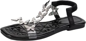Women's Sandals Flats Shoes Square Toe Butterfly Rhinestones Sparkly Sandals with Clear Strap Comfy Open Toe Dressy Sandal Ladies Low Heel Slip On Cushioned Footbed Shoe for Wedding Daily Wear