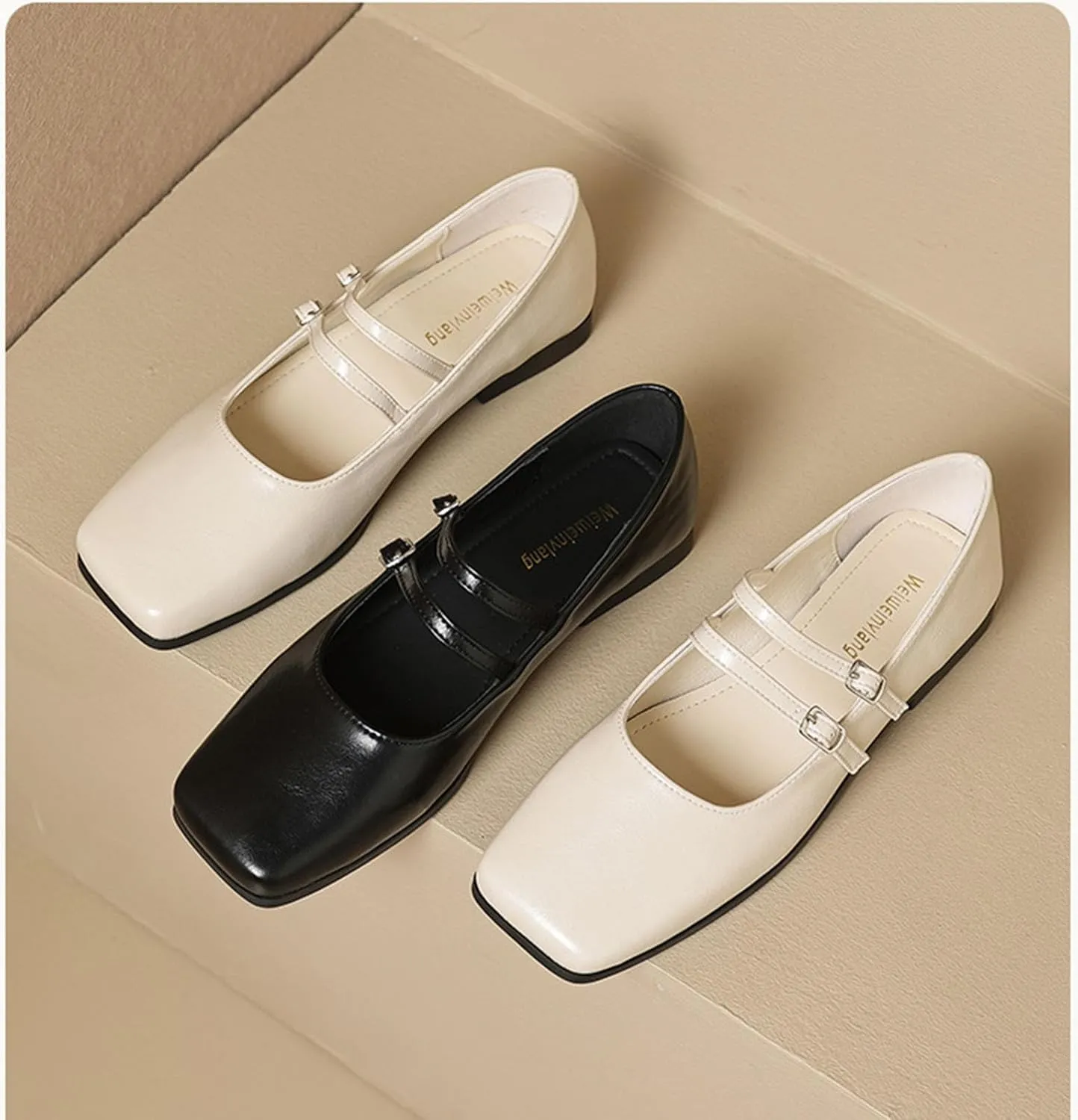 Women's Square Toe Flat Bottomed Mary Jane Shoes Fashionable Solid Color Comfortable Retro Mary Jane Flat Shoes