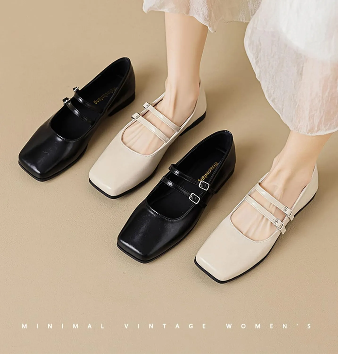 Women's Square Toe Flat Bottomed Mary Jane Shoes Fashionable Solid Color Comfortable Retro Mary Jane Flat Shoes
