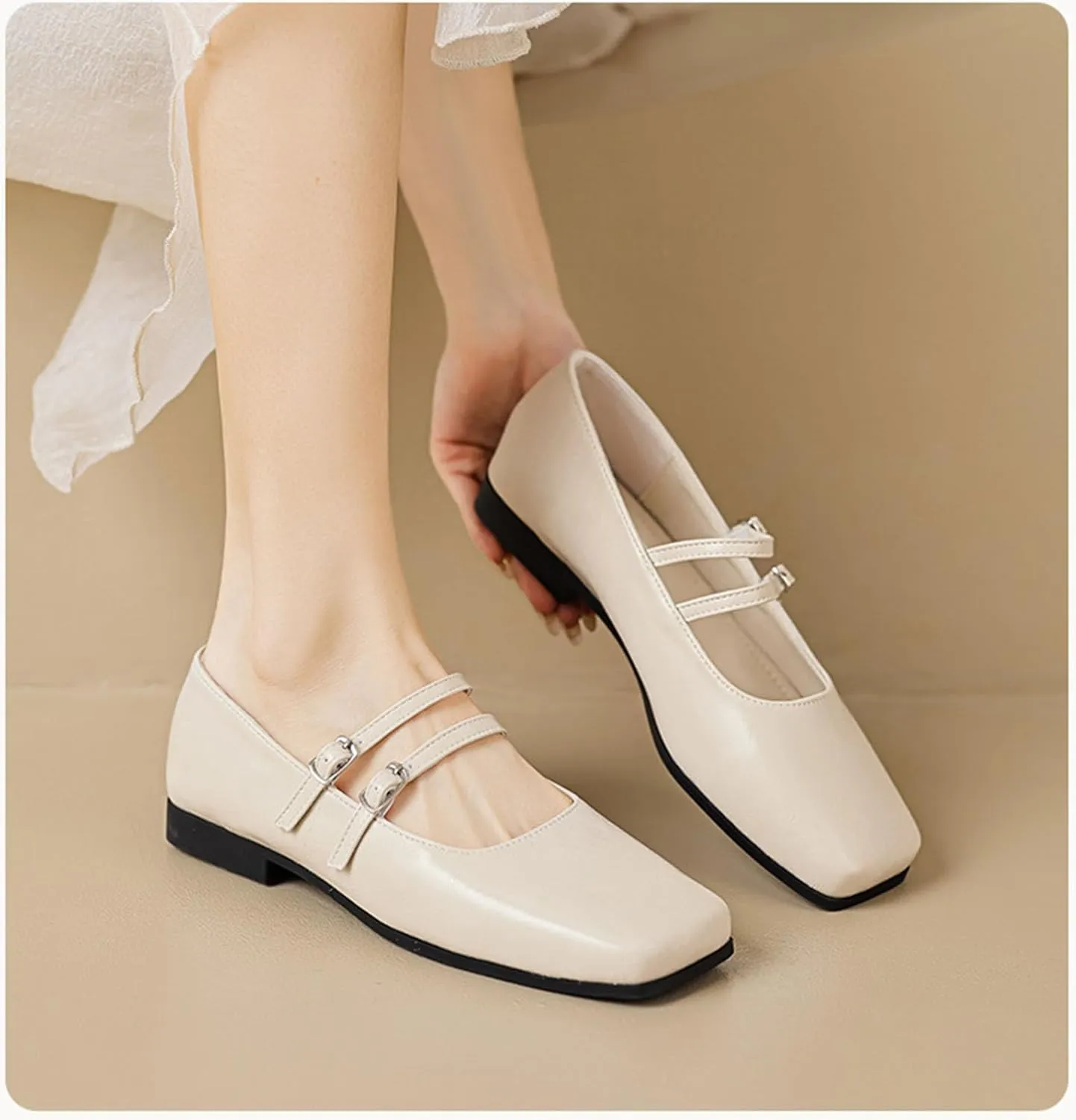 Women's Square Toe Flat Bottomed Mary Jane Shoes Fashionable Solid Color Comfortable Retro Mary Jane Flat Shoes