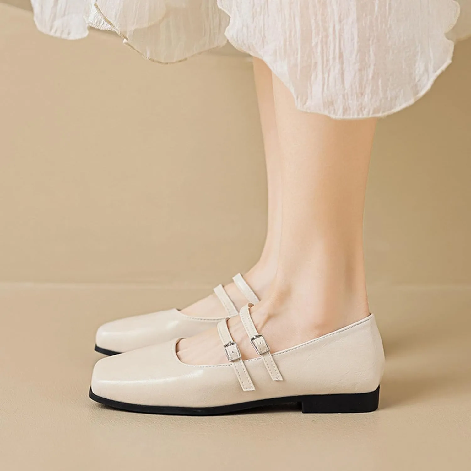 Women's Square Toe Flat Bottomed Mary Jane Shoes Fashionable Solid Color Comfortable Retro Mary Jane Flat Shoes