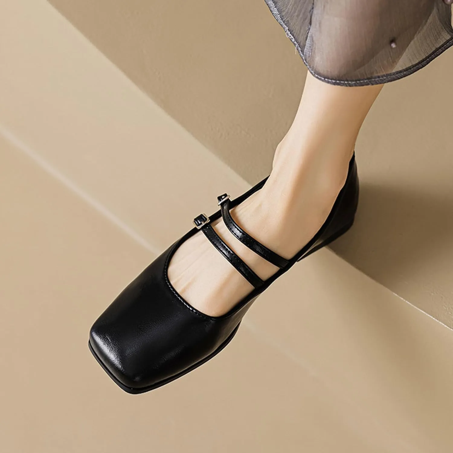 Women's Square Toe Flat Bottomed Mary Jane Shoes Fashionable Solid Color Comfortable Retro Mary Jane Flat Shoes