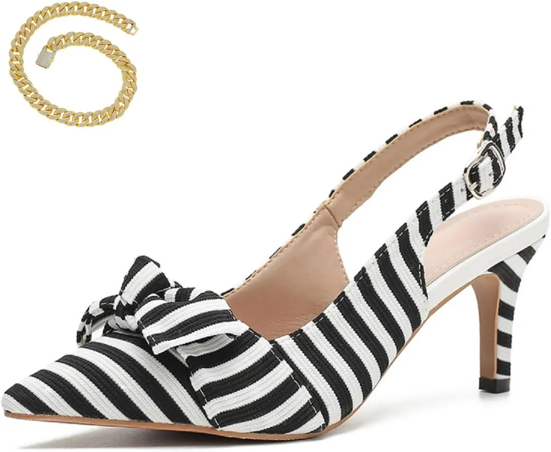 Women's White Black Stripes Slingback Kitten Heels Closed Pointed Toe Bow Tie Slip On Work Pumps Ankle Strap Stiletto Formal Party Wedding Dress Shoes